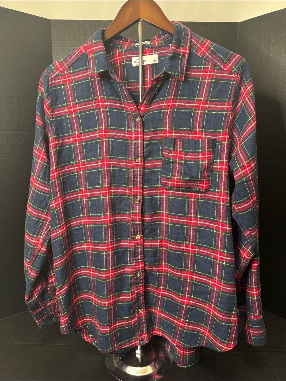 Hollister Navy and Red Plaid Button-Down Shirt